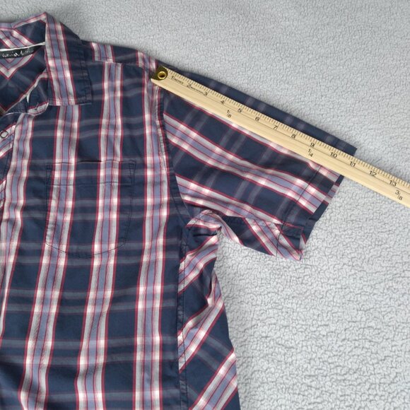 Travis Mathew Men’s Plaid Button-Up Shirt Large Short Sleeve Navy Red - Picture 9 of 16